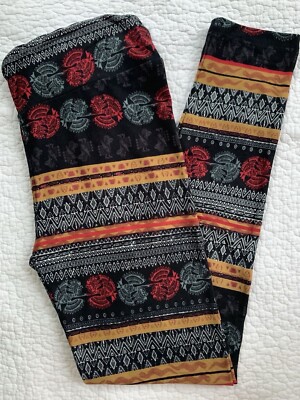 Lularoe Leggings OS Black Gold Red Gray White Aztec Tribal Stripes Medallions