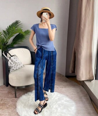 Pleats Please Issey Miyake Fabric Pleated Wide-Legged Trousers Denim Like Style