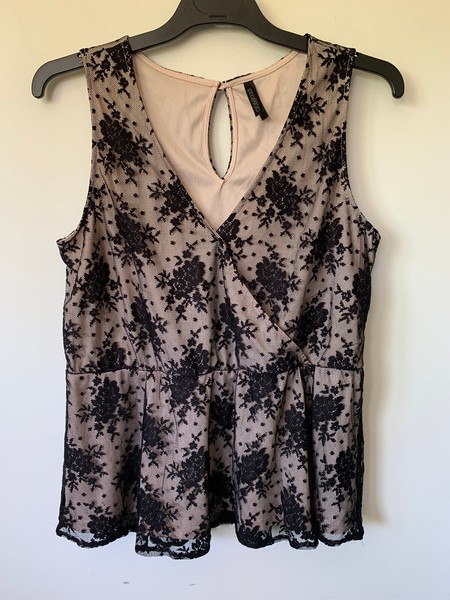 CROSSROADS LINED FLORAL LACE CROSS OVER NUDE BLACK PEPLUM TANK TOP SIZE L 14 AU