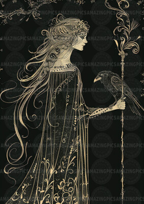 The Morrigan Celtic Goddess Kunstdruck, Rabenstab Wanddeko, mythologisch Q51