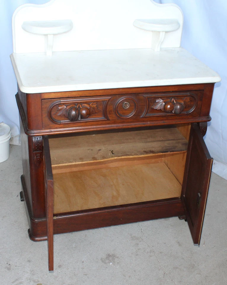 Cómoda antigua victoriana con soporte de lavado superior de mármol de nogal Foto 3 de 4