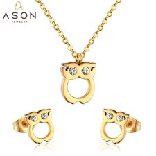 Owl CZ Necklace Earrings-Animal Pendant Gold Color Chain Women Jewelry Sets 3PCS