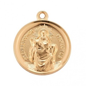 Authentic St. Christopher Round Sterling Silver 0.8" Medal in Gold Plated Border, 18" Chn