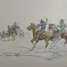 MARJORIE REED DRAWING LISTED FAMOUS  Sketch BUTTERFIELD STAGECOACH Horses Rare