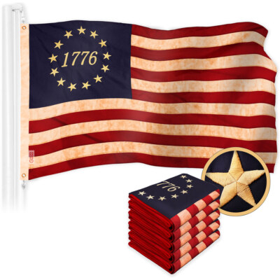 5 Pack: Betsy Ross 1776 Tea-Stained Flag 1x1.5 Ft Embroidered 420D Polyester