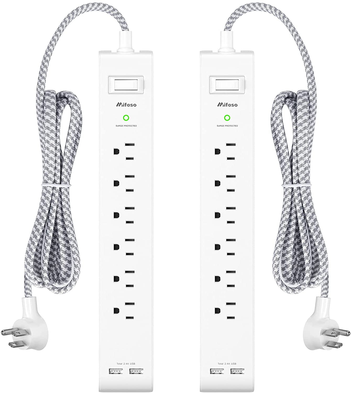 2 Pack Power Strip - 15FT Long Extension Cord Surge Protector with 6 Outlets
