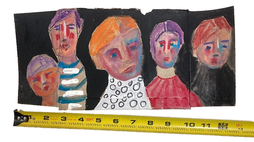 Original Outsider Art Primitive Naive Family Portrait Painting Torn Cardboard - Picture 4 of 14