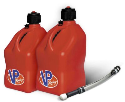 VP Racing 2 Pack Red 5.5 Gallon Square Utility Jugs + 1 Deluxe Fill Hose