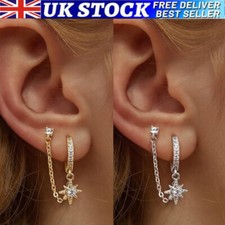 Chain Earrings Silver Double Piercing Stud Hoop Earrings 14K Gold Huggie Earring