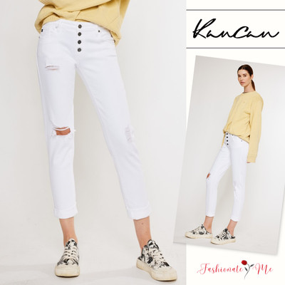 KanCan White Mid Rise Exposed Button Fly Distressed Ankle Girlfriend Jeans