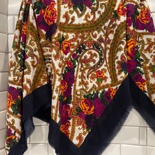 Scarf 48  x 47" Square Fringe Blue Pink Floral Challis by Berkshire Japan