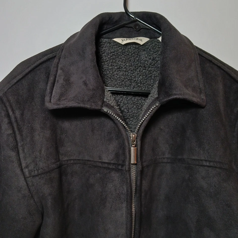 St. John's Bay Faux Suede Black Bomber Jacket Mens Sz M Full Zip Sherpa Lined - Image 2 of 4