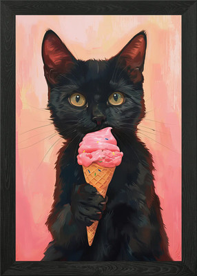 Gerahmtes Wandbild Poster Leinwanddruck Bild niedliche Katze schwarze Katze isst Eis