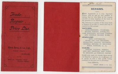 Oldham Lancashire Hirst Bros & Co Trade Repair List 8 page booklet c1935