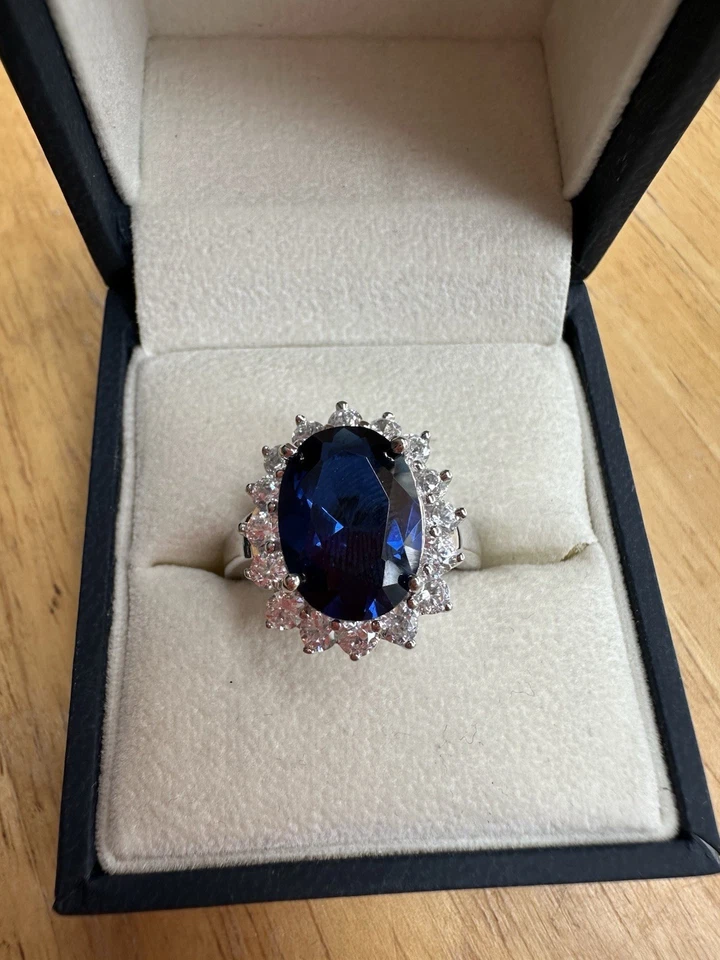 Принцесса Диана/Кейт реплика кольцо белый позолоченный синий сапфир CZ размер 8,25 - Изображение 2 из 4