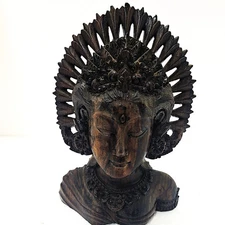 Vintage Bali Hand Carved Wood Bust Devi Sri Goddess Head Dress Mahogany 8” EUC