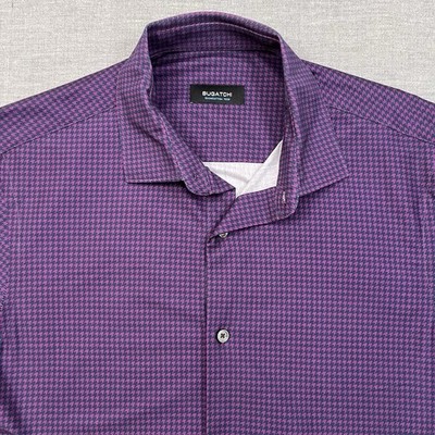 Bugatchi Shirt Mens Medium Plum Purple Houndstooth Button Up OoohCotton Tech