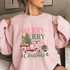 Pink Retro Merry Christmas Truck Sweatshirt, Coquette Christmas Tree Tee