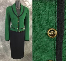 BEAUTIFUL St John collection knit green black jacket skirt suit size 4