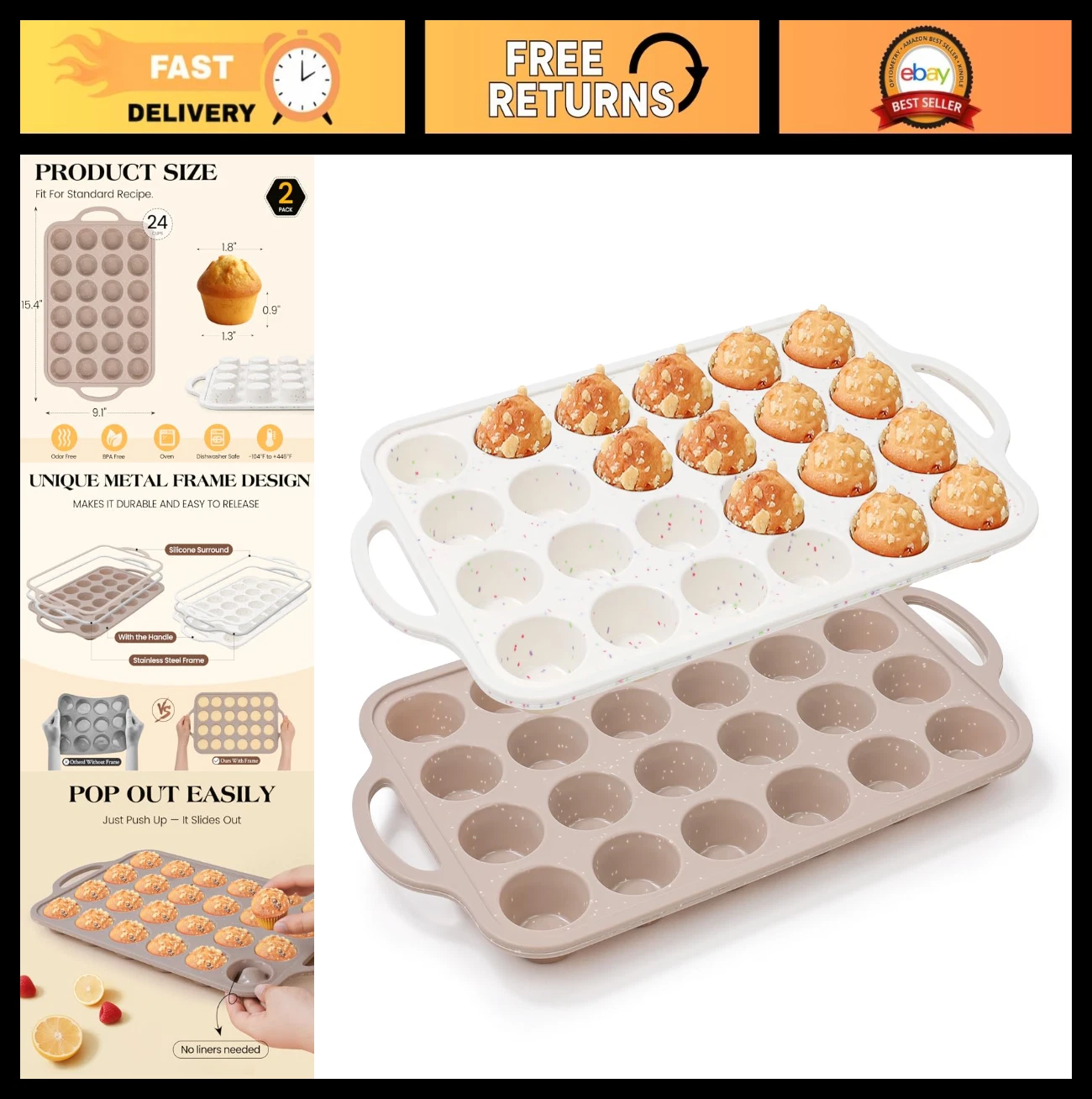 2-Pack Mini Silicone Muffin Pans, Nonstick 24-Cup Baking Mold, BPA Free, Oven Sa