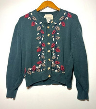 Vintage Christopher and Banks Hand Embroidered Fall Leaf Button Cardigan Sz M