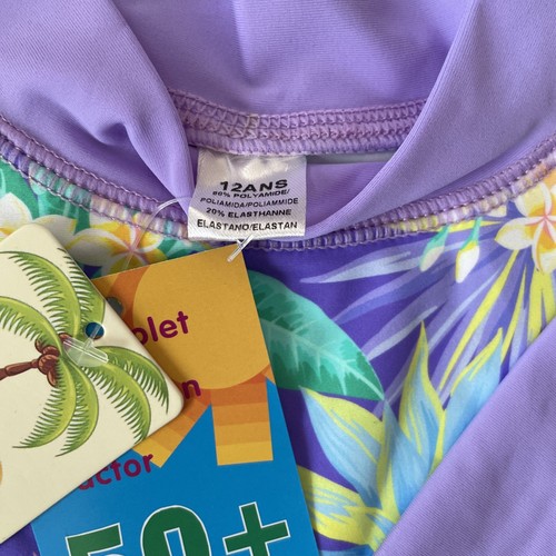 Girl's 2 Piece Short Sleeve Swimsuit UPF 50+ NWT Size 12 Purple Floral - Picture 4 of 5