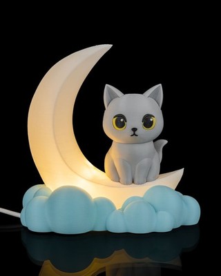 Moonlight Kitty Night Light   3D Printed Cat on Crescent Moon Lamp | Cute LED