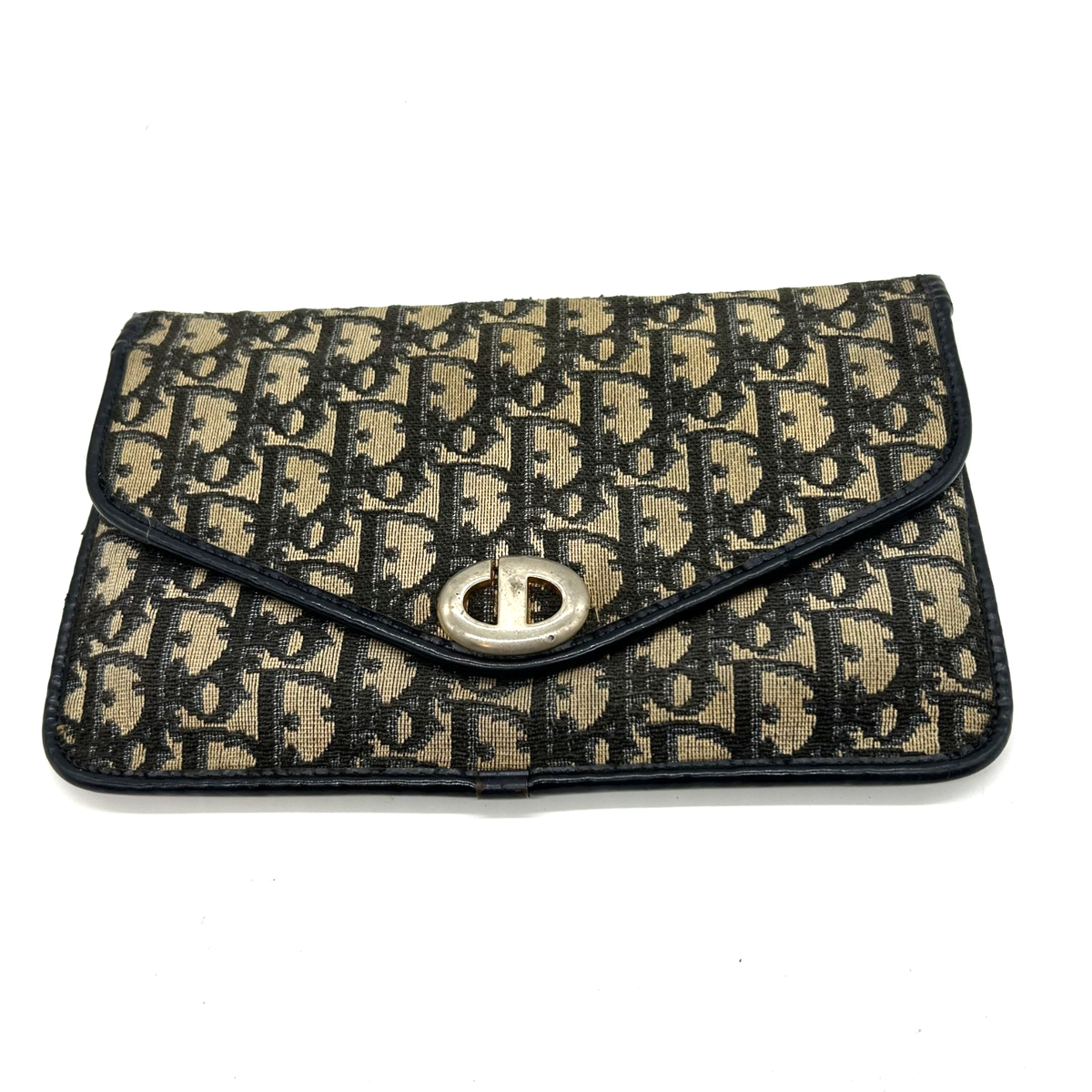 Auth Christian Dior Trotter Beige x Navy Clutch Bag Passport