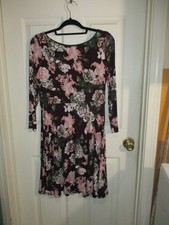 Loft Outlet Black w Pink Large Floral 3/4 Sleeve Knit Fit & Flare Dress - MP
