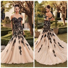 Champagne Mermaid Wedding Dresses Black Lace Applique Off Shoulder Bridal Gowns