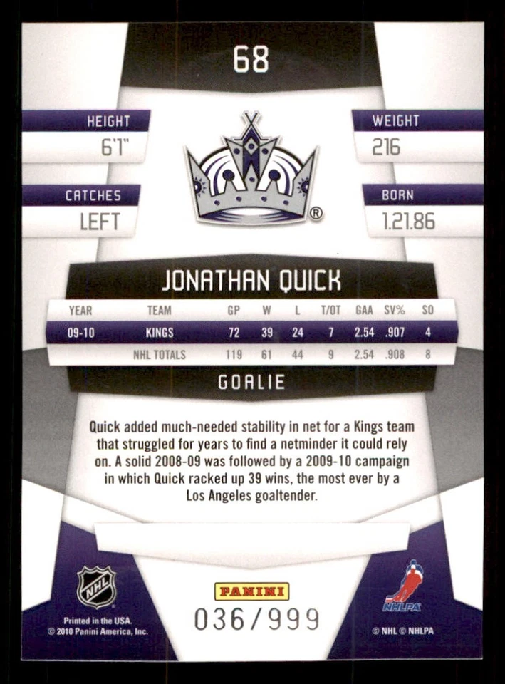 2010-11 Certified Platinum Red #68 Jonathan Quick /999 - Image 2 of 2