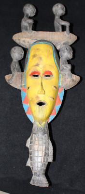 African mask traditional Guru tribe With a fish & men in boats on the top 23''