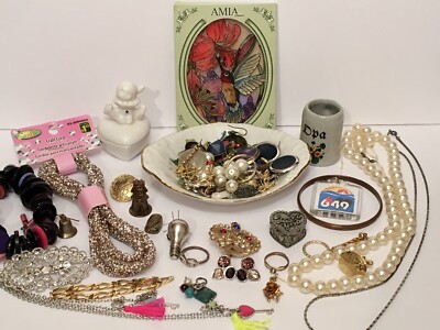 Vintage To Now Junk Drawer Lot Jewelry Porcelain China Pins Single Earrings More