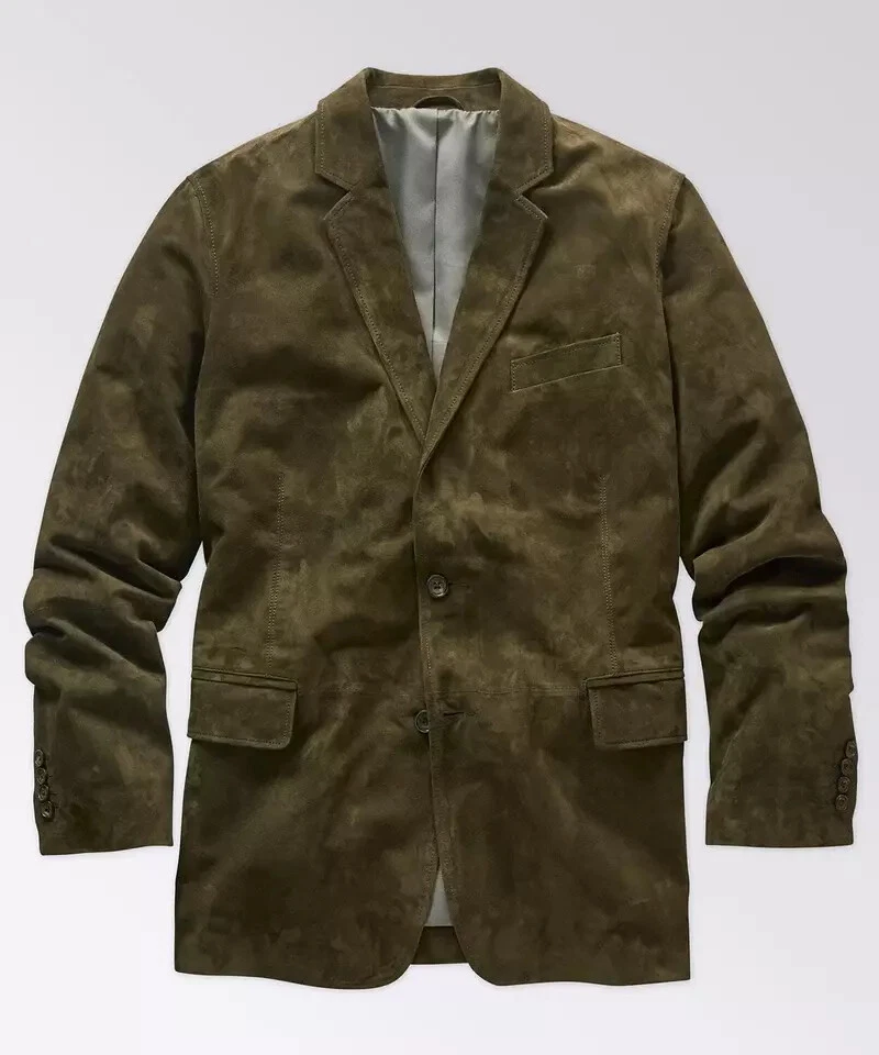 Mens Green Suede Leather Blazer Pure Lambskin 2 Button Custom Made Coat Blazer