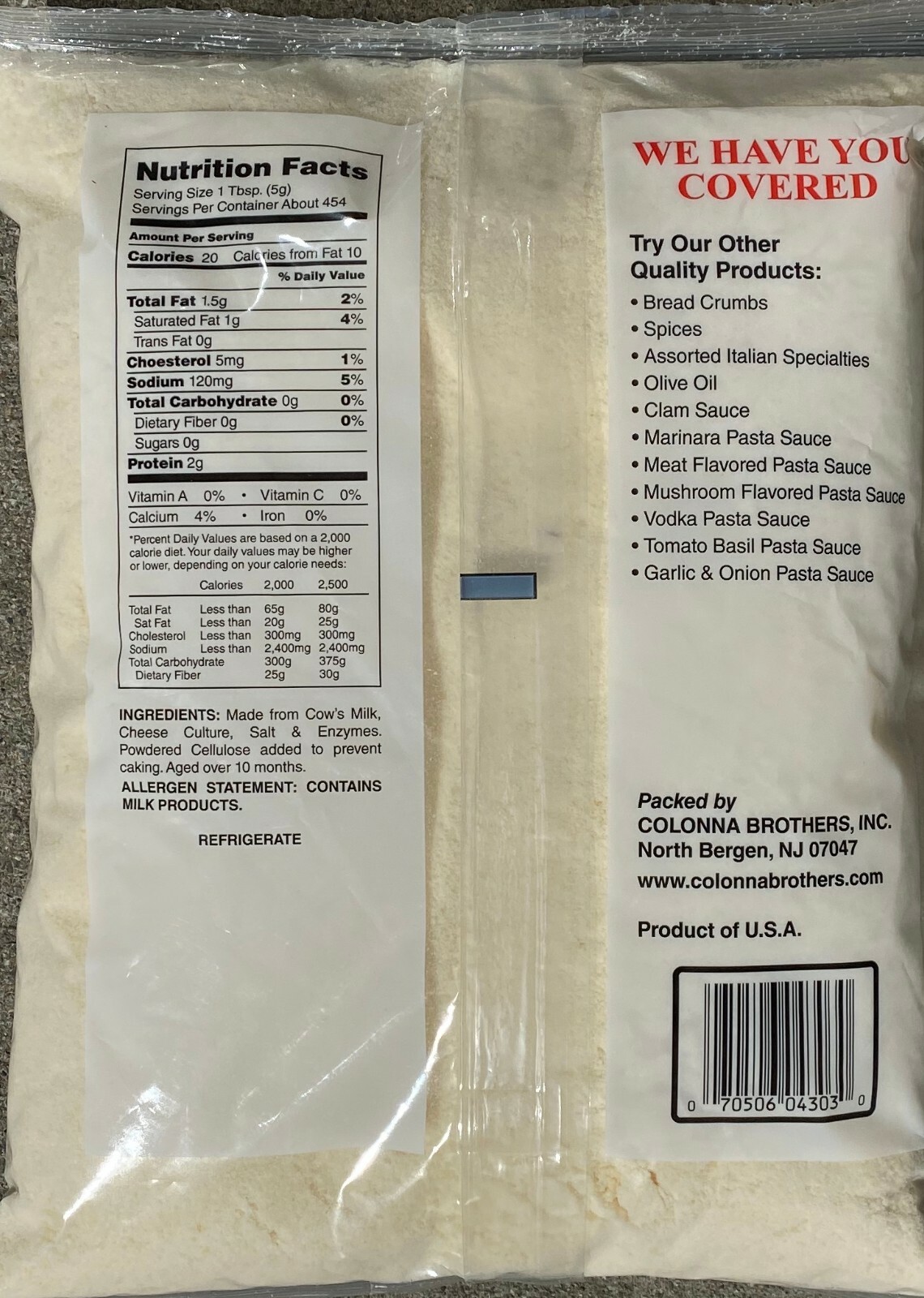 1, 2 & 5Lb Grated Parmesan Cheese & PC W/ Romano Authentic Colonna Free