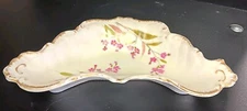 Vtg Andrea by Sadek Pink Floral Bone Crescent Trinket Dish (Gold trim has Wear)