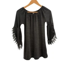 Win Win Tunic Top Women Small/Medium Black Gray Witchy Whimsigoth Lace Sleeve