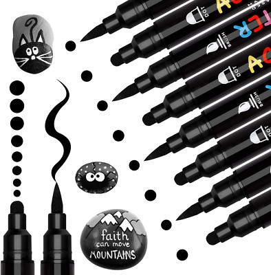 Black Paint Marker, 8 Pack Dual Tip Acrylic Paint Pens with Medium Tip and Brush