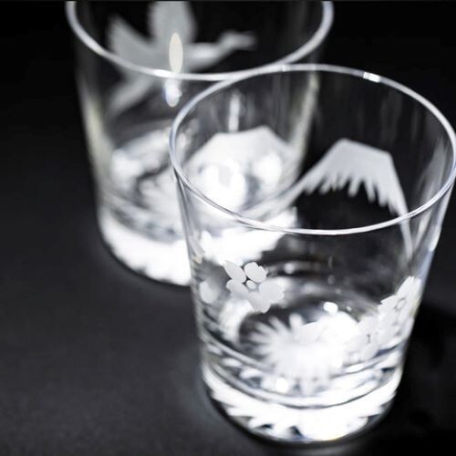 Edo Kiriko Old Glass Pair Mt. Fuji with Crane & Sakura Design Suki Clear TABLEAU - Picture 4 of 7