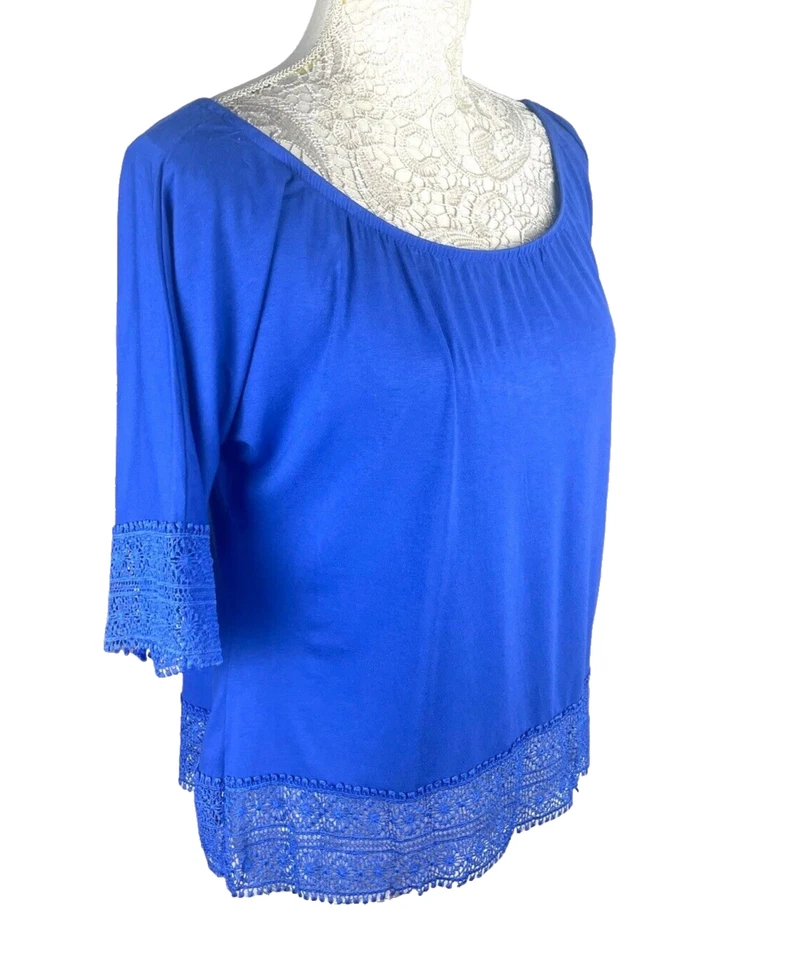 George T-shirt Blouse Women's UK Size 14 Blue Lace Trim Detail 3/4 Sleeve Summer - Image 2 of 4