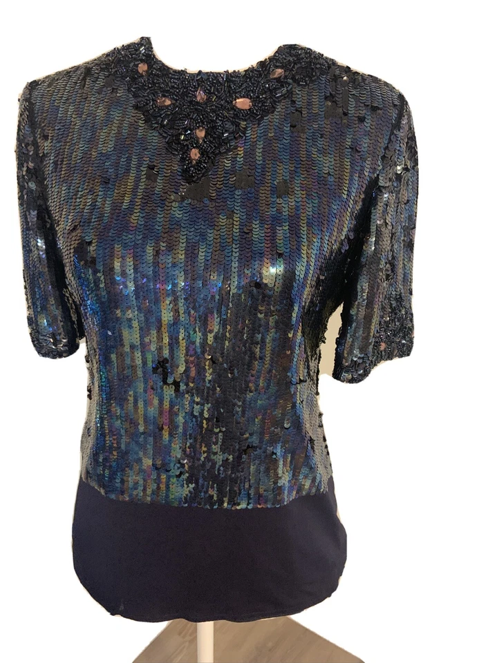 Precioso Top Bill Blass Lentejuelas Negro y Azul - Talla 10 Foto 2 de 4