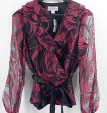 J.R.NITES BY CAROL LIN Womens Sz 14 Wine Dressy Wrap Ruffle Belt Blouse Top NEW