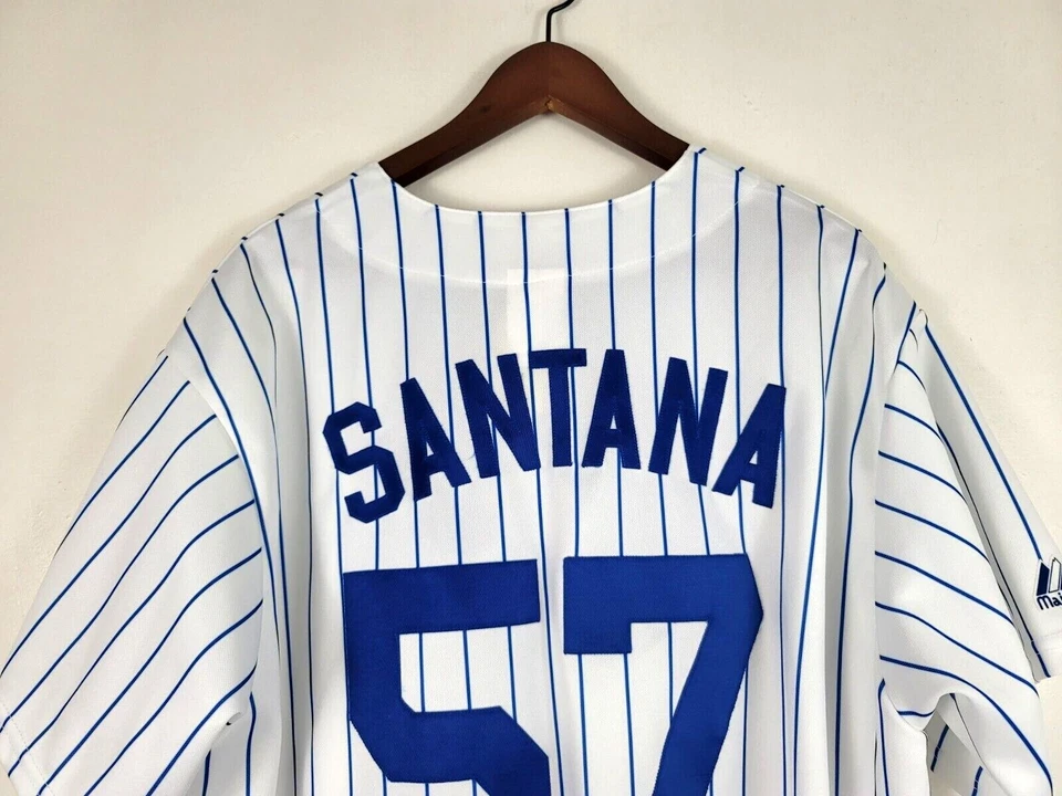 Camiseta deportiva Majestic NY Mets auténtica Johan SANTANA #57 blanca a rayas XL Jn2 Foto 3 de 4