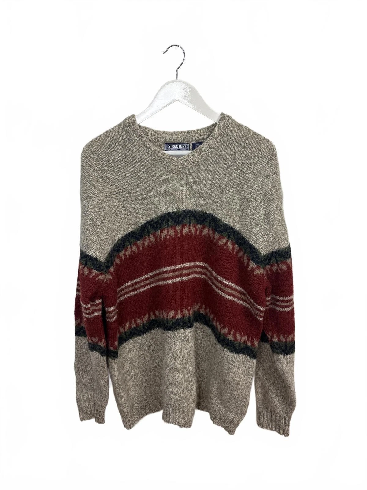 Vintage 90s Structure Men's V-Neck Wool Sweater XL