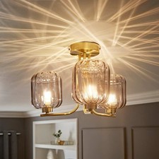 3 Way Ceiling Light Fitting Ribbed Glass Lampshades Living Room Lamp LED Bulbs