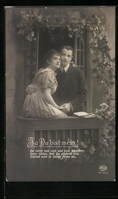 Photo postcard Amag: Yes you are mine!, couple on the balcony cuddling 
