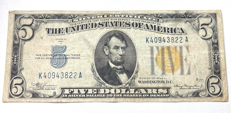 1934 A North Africa Emergency Issue $5 Five Dollar Silver Certificate