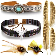 8 Piece Cowboy Leather Hat Band Natural Hat Feathers Long Horn Turquoise Hatband
