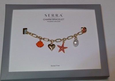 SERRA Gold Tone Starfish Seashell Charm Bracelet 7-8'' Faux Pearl  Beach- NWT
