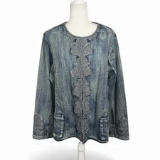 Coldwater Creek Embroidered Soutache Denim Jacket Blue Size 20 Retro Boho